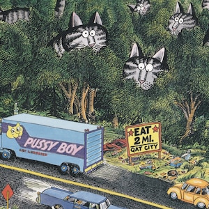 Kliban Cats Vintage Original Print Silly Cats Overlooking Cat Food Truck Color Large D