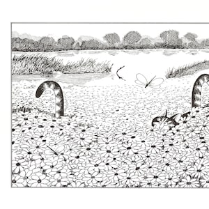 Kliban Cats Vintage Original Print Cat In The Meadow With Another Cat 23
