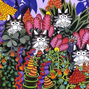 Kliban Cats Vintage Original Print Silly Cats in Flowery Garden