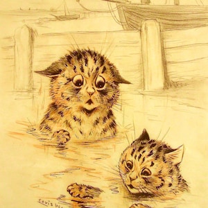 Louis Wain Cat's Swimming First Cat Illustrator Giclee Funny Cat Cute Cat Illustration Print Reproduction Cat Lover Gift Cat Art Fun