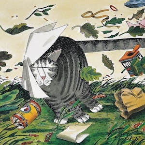 Könnte beinhalten: Eine Illustration einer grauen getigerten Katze in einer windigen Außenszene. Die Katze wird teilweise von einem weißen Papier verdeckt, mit Blättern und anderen Objekten, die herumfliegen. Eine umgekippte Dose und eine Schachtel sind ebenfalls zu sehen.