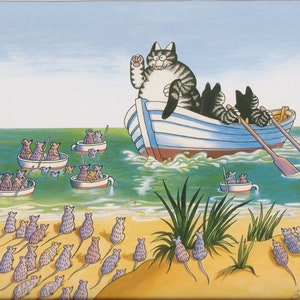 Kliban Cats Vintage Original Print Cats Silly on Boat Going into Mouse Island D