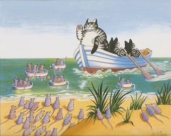 Kliban Cats Vintage Original Print Cats Silly on Boat Going into Mouse Island