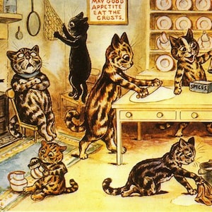 Louis Wain Cats Time In The Kitchen First Cat Illustrator Giclee Funny Cat Cute Cat Illustration Print Reproduction Cat Lover Gift Cat Art