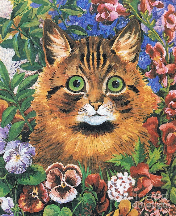 ストライプ柄の猫アートプリント ルイス・ウェイン猫プリント：面白い猫のイラストアート - Etsy 日本