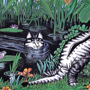 Kliban Cats Vintage Print: Silly Cat in Pond with Alligator Suit