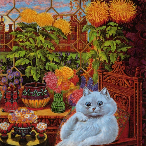 Louis Wain Cat in Garden Room First Cat Illustrator Giclee Funny Cat Cute Cat Illustration Print Reproduction Cat Lover Gift Cat Art Fun