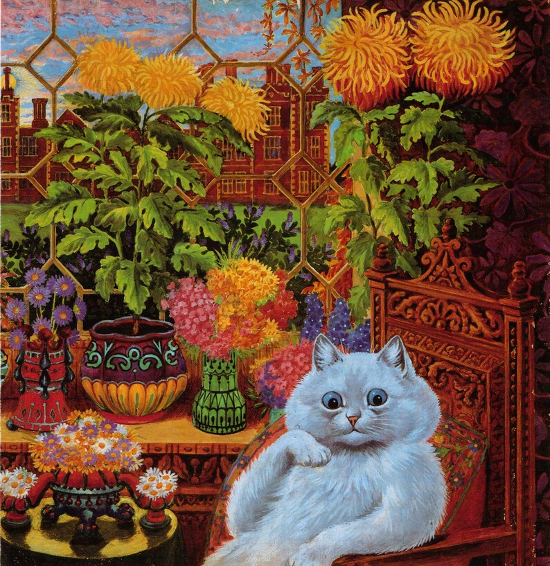 Louis Wain Cat in Garden Room First Cat Illustrator Giclee Funny Cat Cute Cat Illustration Print Reproduction Cat Lover Gift Cat Art Fun image 1