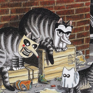 Kliban Cats Vintage Original Print Cats Wearing Nixon Masks in Alley  Large Color D