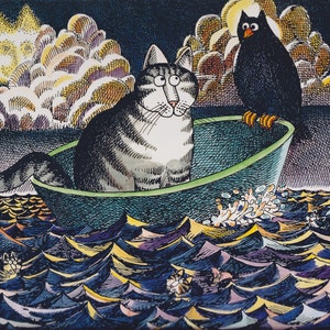 Kliban Cats Vintage Original Print Cats Silly Cat in Tub at Sea with  Black Owl D