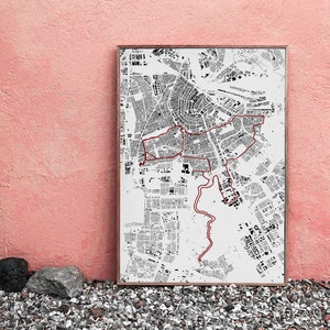 Maratón de Ámsterdam: Mapa detallado de edificios, impresión de póster en lienzo blanco premium, decoración de pared, impresión de mapas, arte de mapas, impresión artística, arte mural