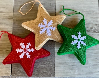 Handmade glitter felt Christmas stars. Tree decorations. Christmas stars. Christmas tree decorations.