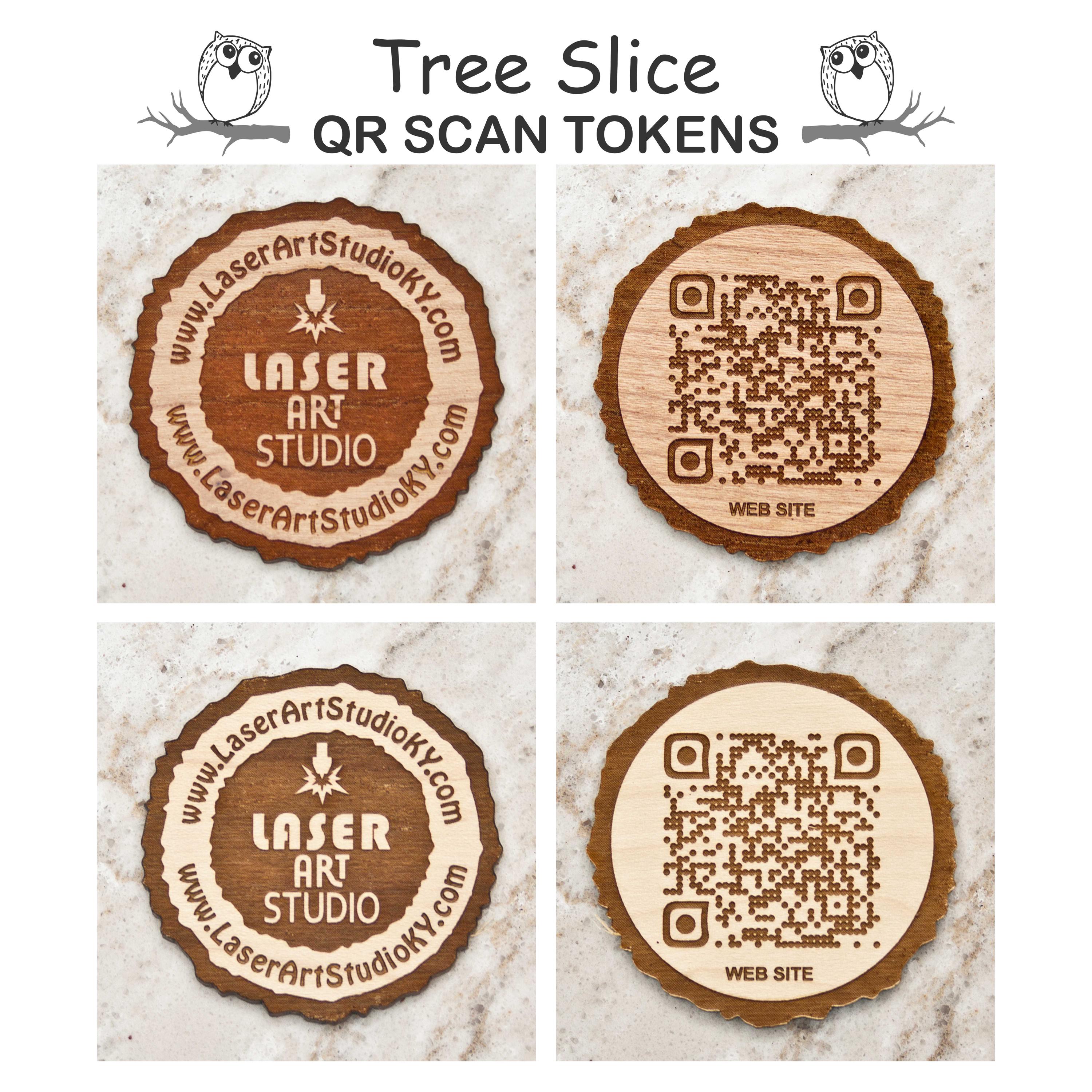Personalized Tree Slice QR Scan Tokens, Wooden Nickels