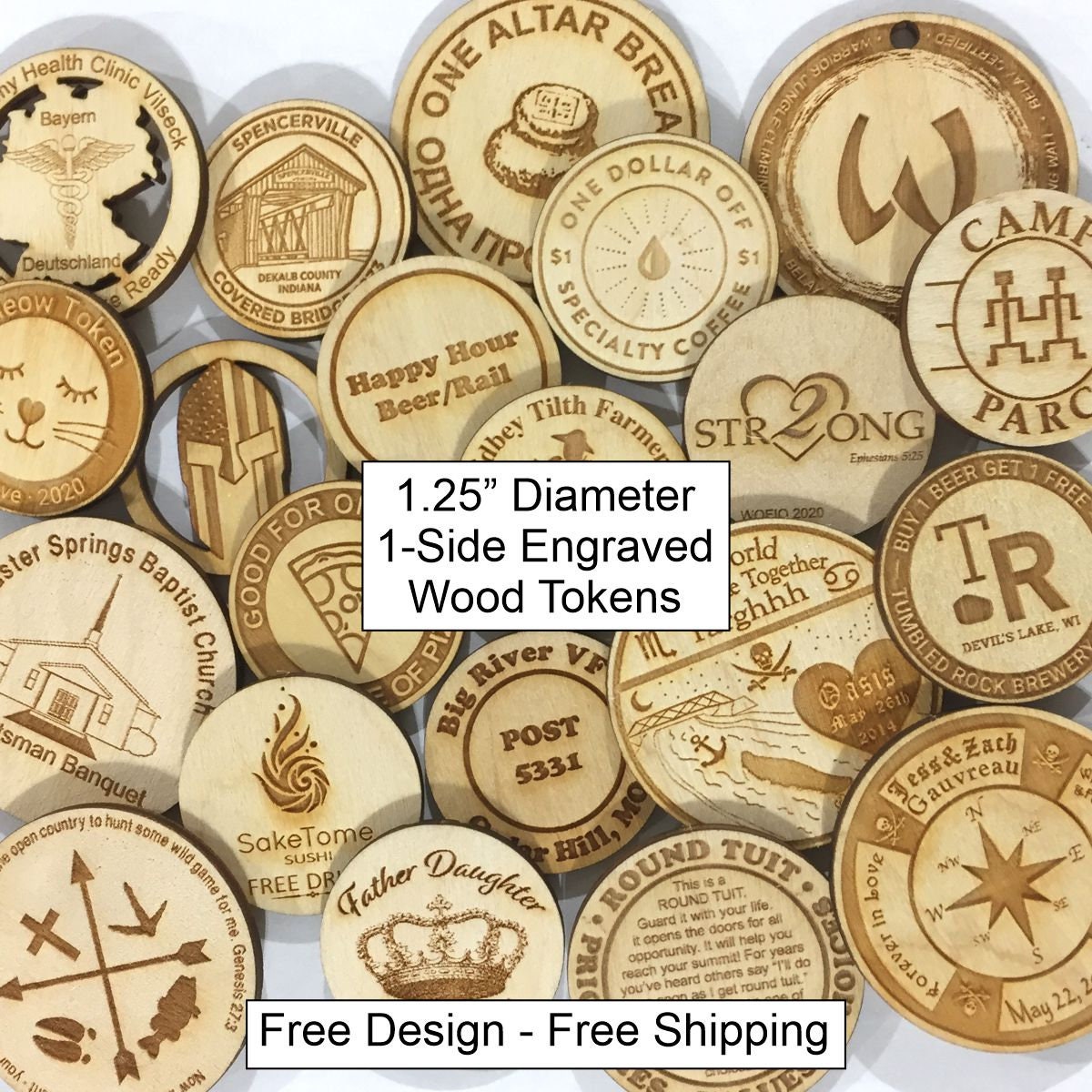 Custom Wood Tokens, 1.25 Diameter, 1-side laser engraved, Wooden