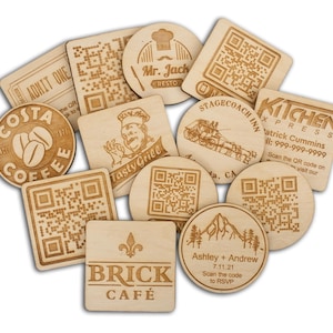 Custom 2S Engraved Raw Wood QR Code Tokens | Logo Menu Access | Paperless Restaurant Menus, Web Links, Coupons, Photo Galleries