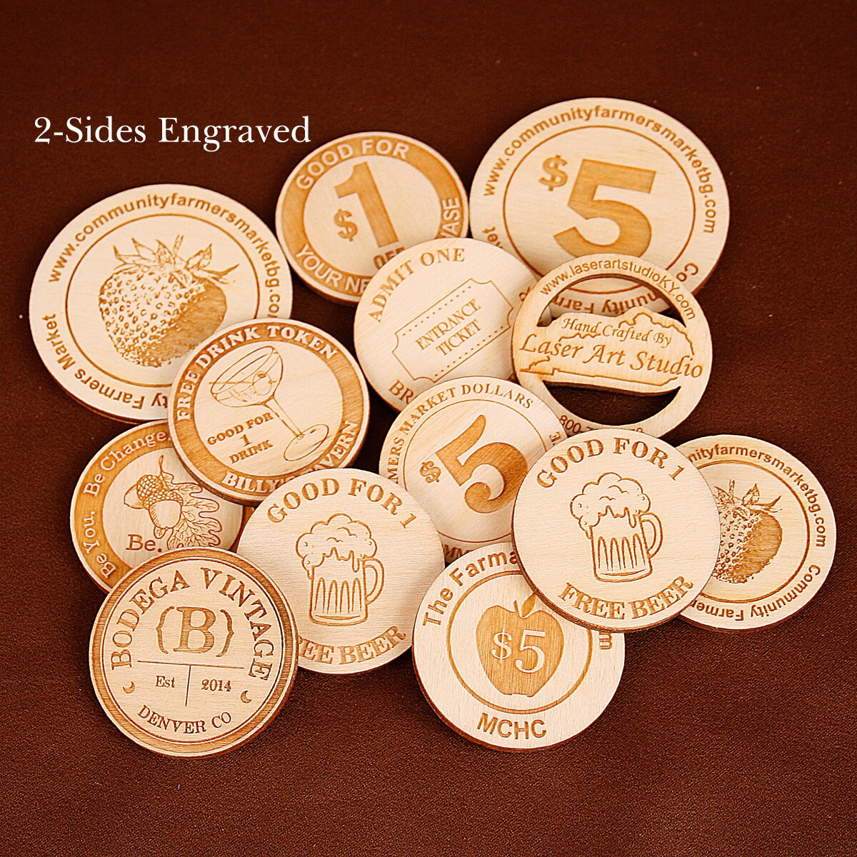 laser engraved wood tokens 2 side engraved wooden nickles drink