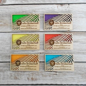 2-Layer Wood Business Cards - Palm Leaf design with color backround options - Laser engraved wood business card - custom wood business card