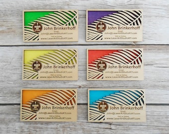 2-Layer Wood Business Cards - Palm Leaf design with color backround options - Laser engraved wood business card - custom wood business card