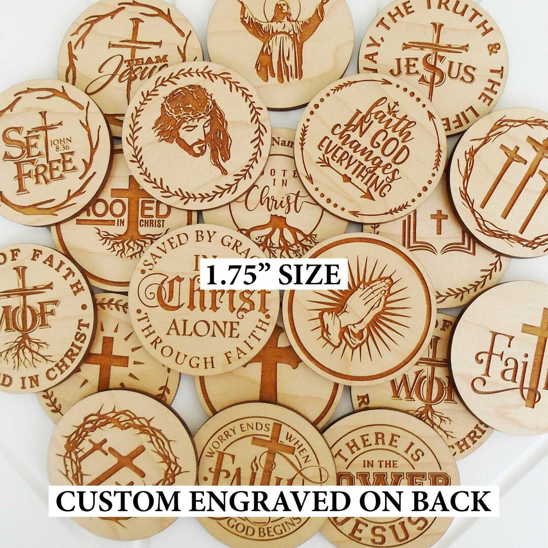 1.75 2SIDE ENGRAVED Religious Wood Tokens, Religious Coin, Church