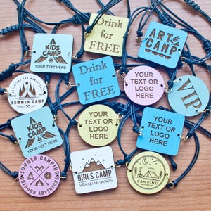 Custom Event Bracelets with engraved color choice wood charm, pack of 10, logo wristband, VIP pass, kids camp bracelets