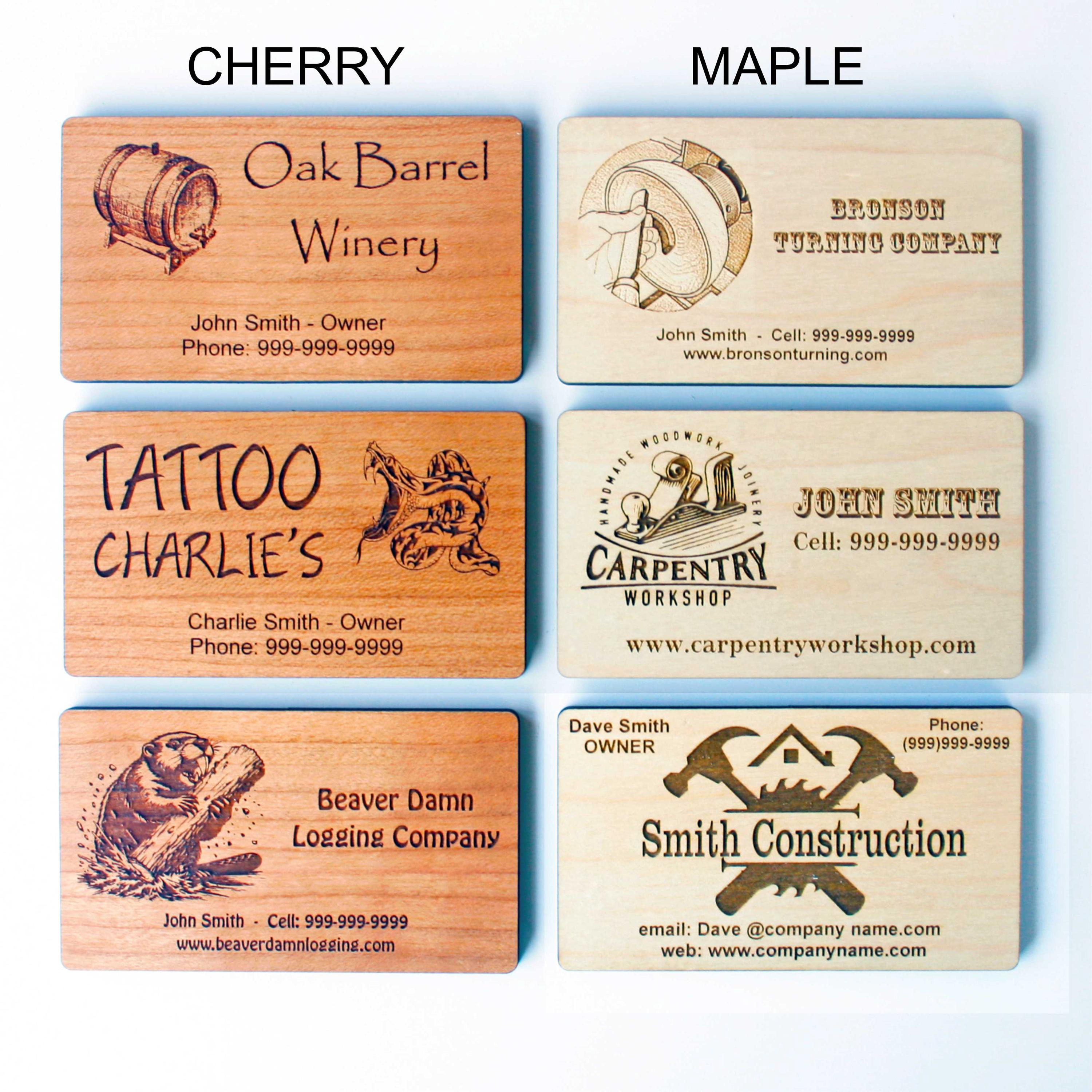 Laser Engraved Wood Business Cards: Maple or Cherry, Custom Design