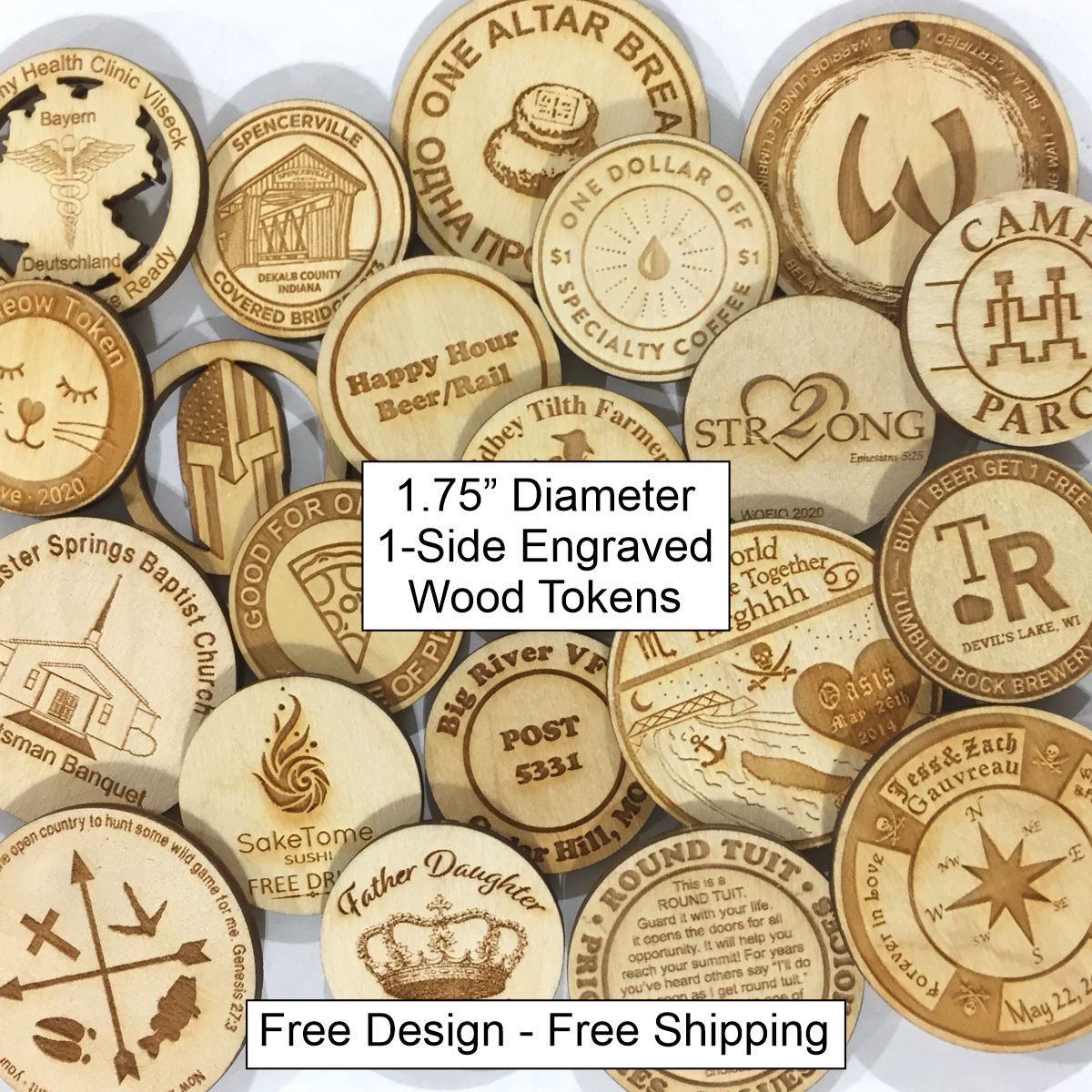 Custom Wood Tokens, 1.75 Diameter, 1-side laser engraved, Wooden
