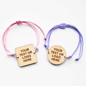 Custom Event Bracelets with engraved raw wood charm, pack of 10, logo wristband, VIP pass, kids camp bracelets