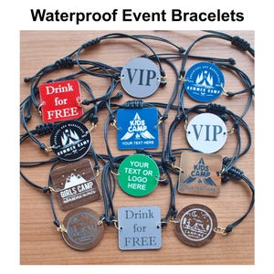 Custom Waterproof Event Bracelets with engraved plastic charm - choice of color - pack of 10, logo wristband, VIP pass, kids camp bracelets