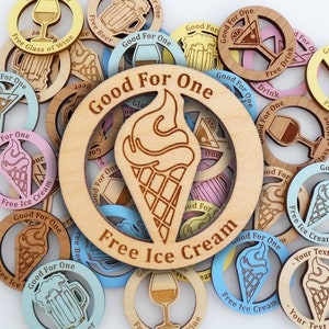 Wooden Free Ice Cream Tokens, 1.75&quot; Diameter with Custom Back Side Engraving, Wooden Nickels, Ice Cream Token, Wood Coins