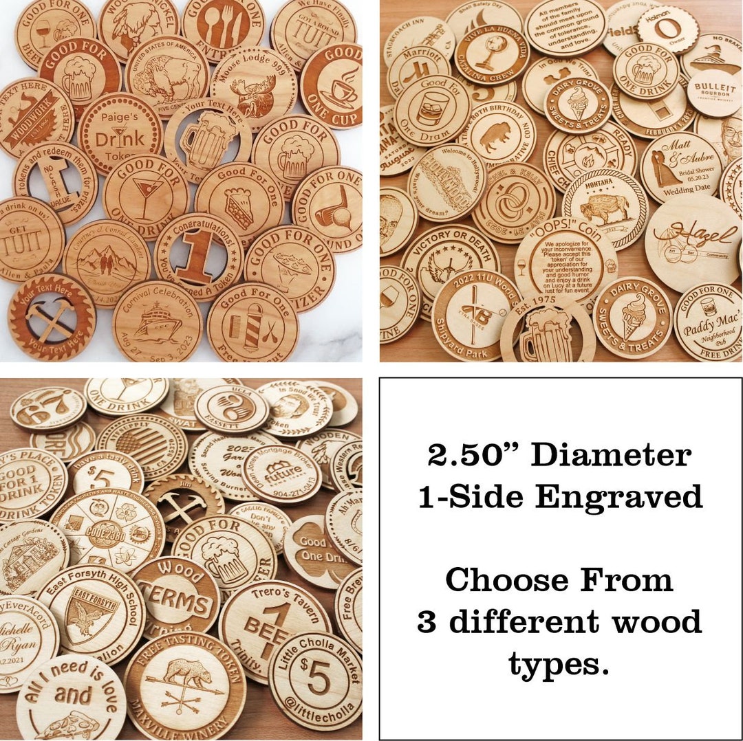 Custom Poker Chips Custom Wooden Drink Chips 100 Custom Wood Drink Tokens, 40mm Drink Chips Double Sided Laser Engraved Your Logo Text Wooden Poker Bar Party Wedding Game Night Custom Tokens Wooden
