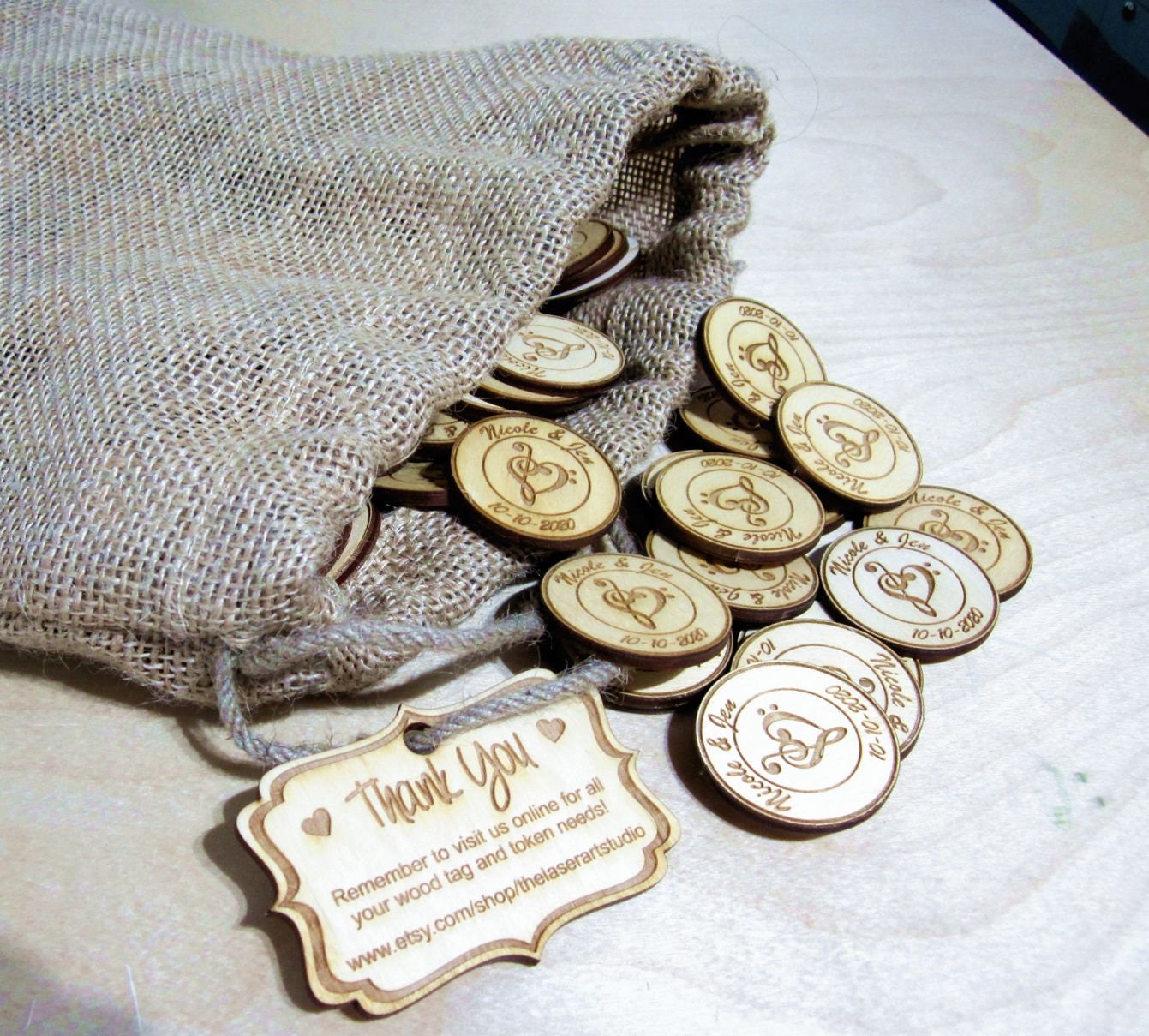 Custom Wood Tokens, 2 Diameter, 2-side laser engraved, Wooden Nickles