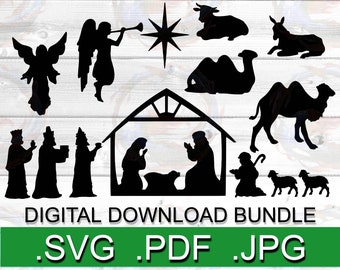 May include: Black and white silhouette digital download bundle of a nativity scene with a star, angels, animals, and three wise men. The text "DIGITAL DOWNLOAD BUNDLE .SVG .PDF .JPG" is at the bottom of the image.