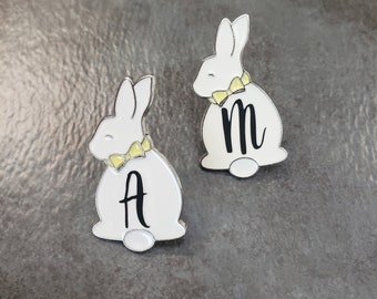 Monogram Enamel Bunny Pin, Custom Personalized, Mothers Day Gift, Pinback Button, Easter Gift, Rabbit Pin, Gift box, Lapel Pin