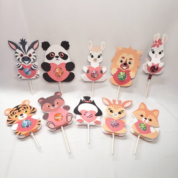 10 Animal Theme Lollipop Holders, Cute Valentine Candy Cards, Hearts, Party Favors, Teacher, School, Classroom Gifts, Office, Cardstock