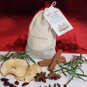 May include: A beige muslin bag with a red drawstring, labeled "Apple Spice Simmering Potpourri." The image includes dried apple slices, cinnamon sticks, star anise, rosemary sprigs, and cloves, creating a warm, inviting display.