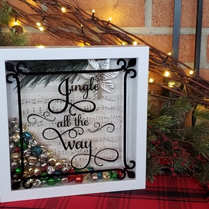 Glass Front Wood Shadowbox, Jingle Bells, Vintage Inspired Sheet Music, Music Theme Holiday Decor, Wall Hanging, Christmas Gift for Mom