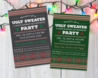 May include: Two invitations for an Ugly Sweater & White Elephant Gift Exchange Party on December 16, 2017 at 7:00 PM. The invitations feature a festive, knitted pattern in red, green, and white. The text on the invitations is in white and black.