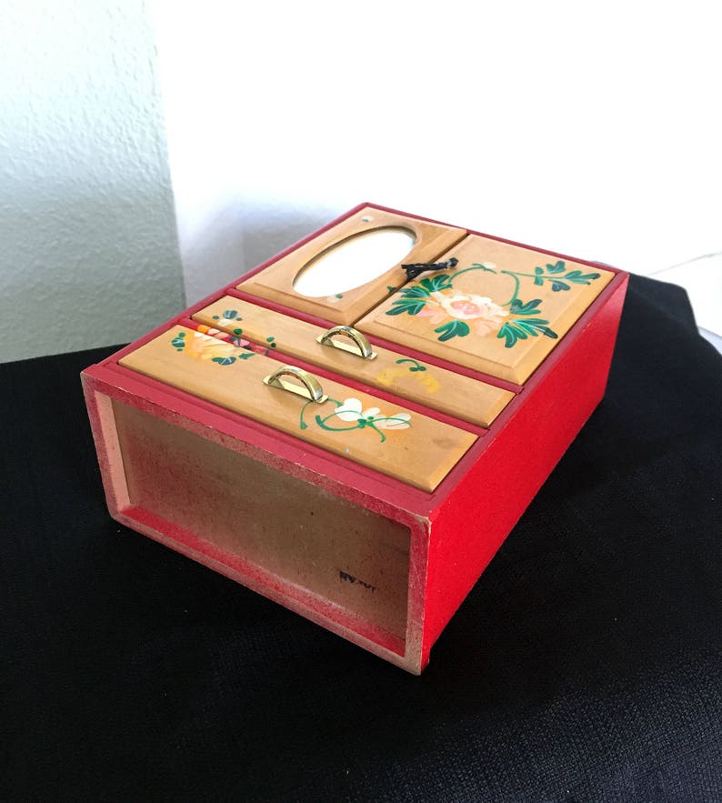 Vintage Jewelry Armoire Box Painted Flowers Red Lacquer Japan