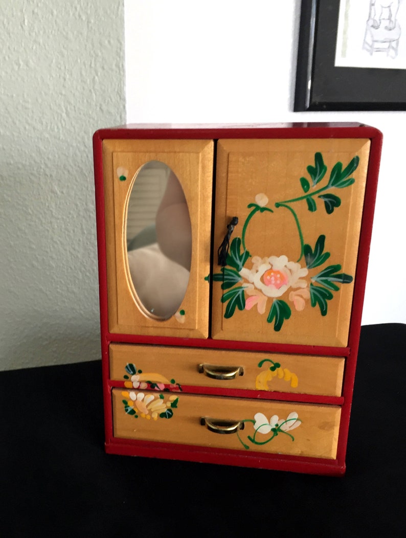 Vintage Jewelry Armoire Box Painted Flowers Red Lacquer Japan