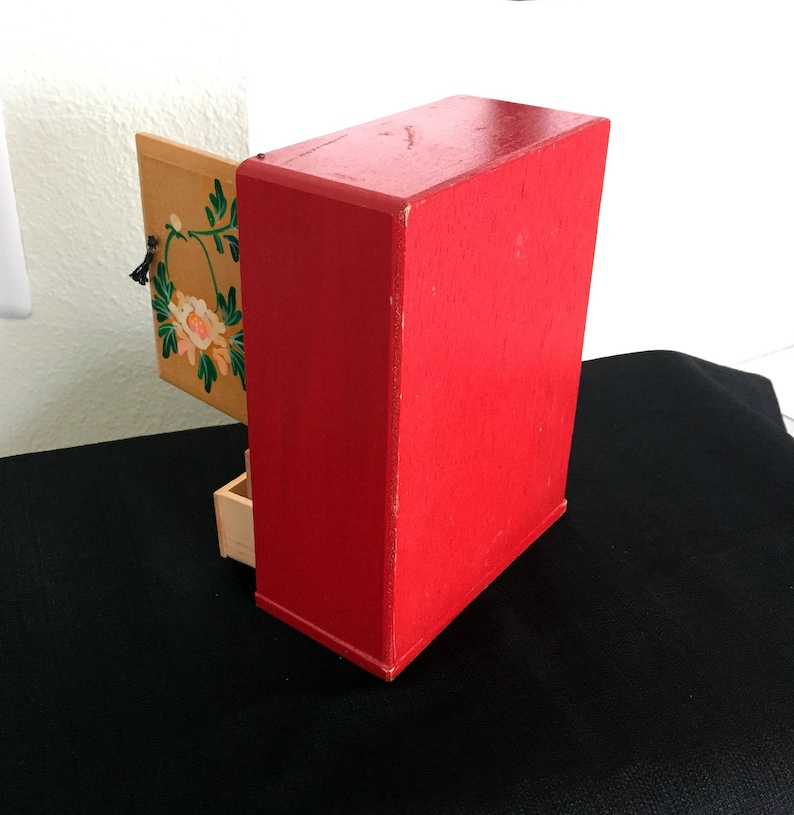 Vintage Jewelry Armoire Box Painted Flowers Red Lacquer Japan