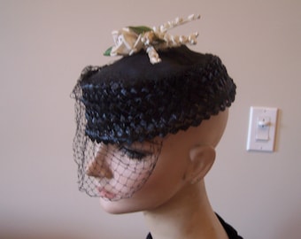 Vintage Hat, 1940s Black Straw Pillbox Style with Veil, White Rose trim.