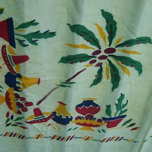 Vintage tablecloth, Mexican vibe,  sombreros, cacti, tequila, ole!! SALE 29.00  Was 40.00 still Free shipping.