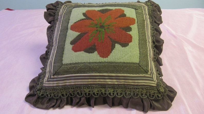 Handmade with antigue needlepoint vintage ribbon antique metallic trims UNIQUE free shipping Pillow Cover