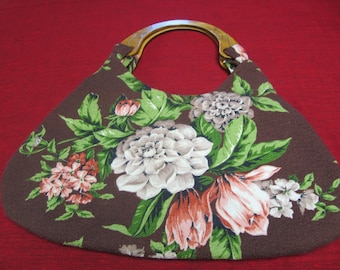 Vintage Floral Barkcloth Handbag, Burnt Wood Handles