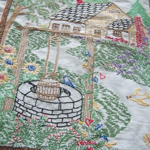 Vintage needlework,  crewel embroidery, country house with  wishing well design,  frame or use as pillow top.  Free shipping.