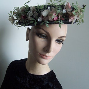 Vintage hat, black straw  with floral trim.  Free shipping.