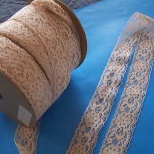 May include: A spool of beige lace with a floral pattern. Two lengths of the same lace are laid out on a blue surface. The lace is likely used for sewing, crafting, or adding decorative trim to garments or home decor projects.