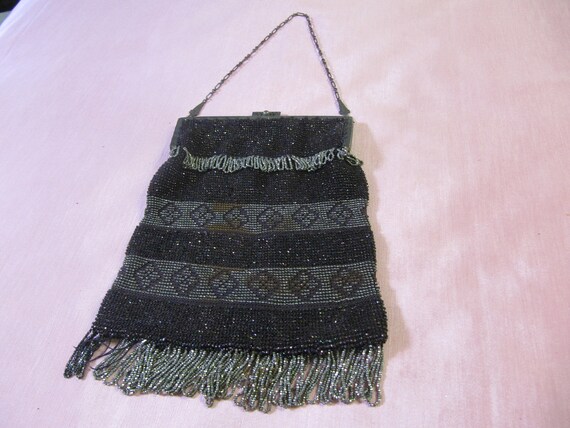 Antique beaded purse in silver and black.  Free s… - image 1