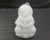 A Jadeite Jade pendant of Guan Yin. Traditional Chinese carved jade with jump rings fitted and Certificate. FREE SHIPPING.