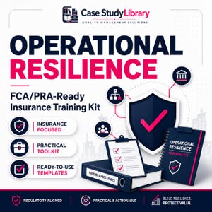 May include: A graphic for Case Study Library featuring the text Operational Resilience and FCA/PRA-Ready Insurance Training Kit. It includes icons of a shield, a binder labelled Policies & Procedures, a checklist, and a training kit notebook.